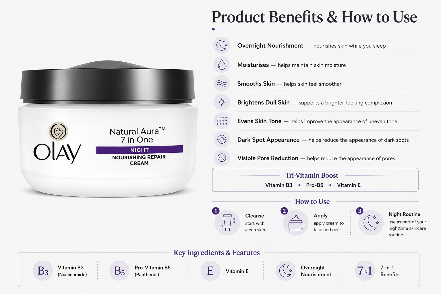 Olay Natural Aura 7 in One Night 50g Niacinamide night cream