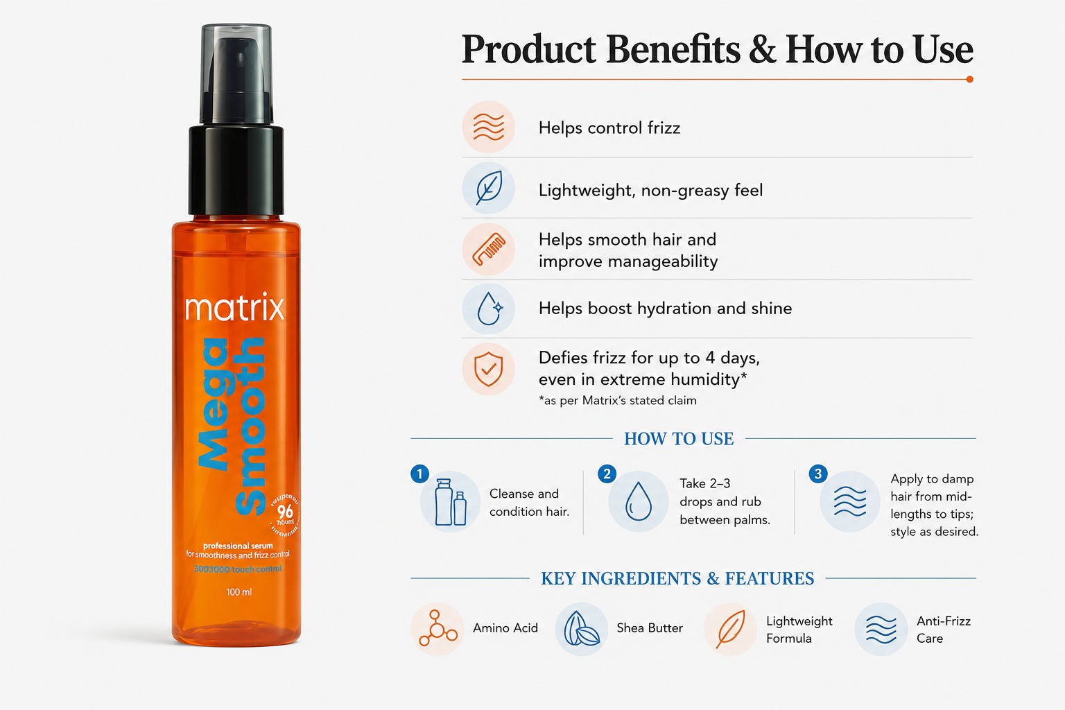 Matrix Mega Smooth 96 Hours Serum 100ml | Anti-Frizz Hair Serum - Image 2