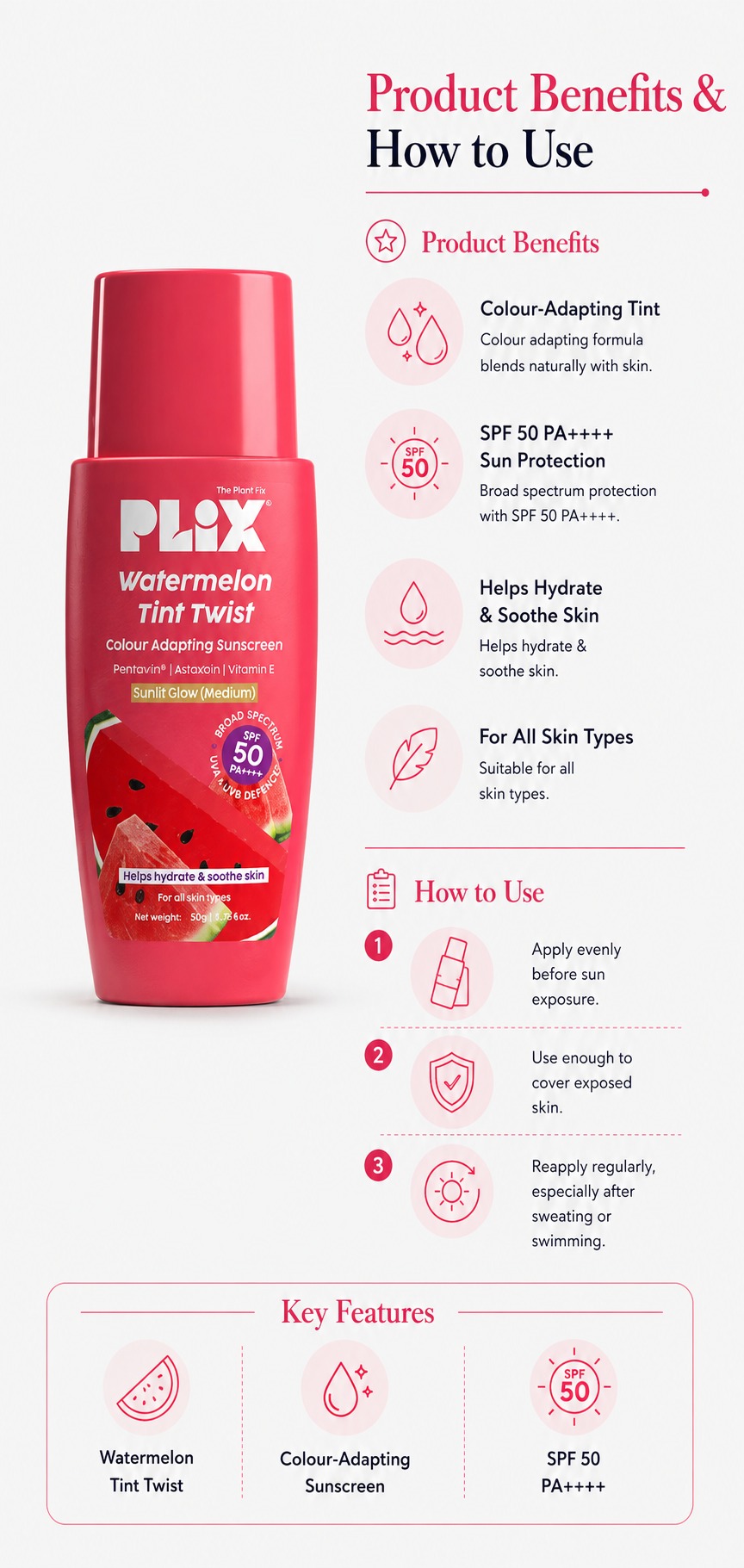 Plix Watermelon Tint Twist Sunscreen Golden Glow Medium 50ml